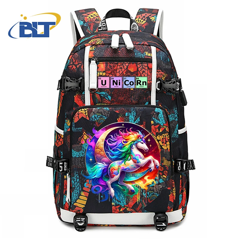 Unicorn Print Student School Bag, Mochila de grande capacidade, USB Outdoor Travel Bag, Presente Kids