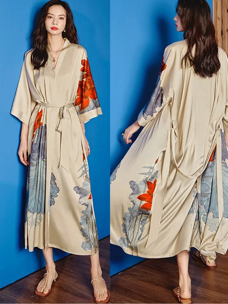 New Robes printed nightgown, women's long sleepwear, mulberry silk home clothes