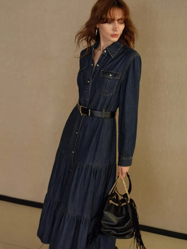 Abiti da festa retrò in denim moda primavera autunno Abito da donna sexy monopetto con risvolto Abito casual a maniche lunghe Boho