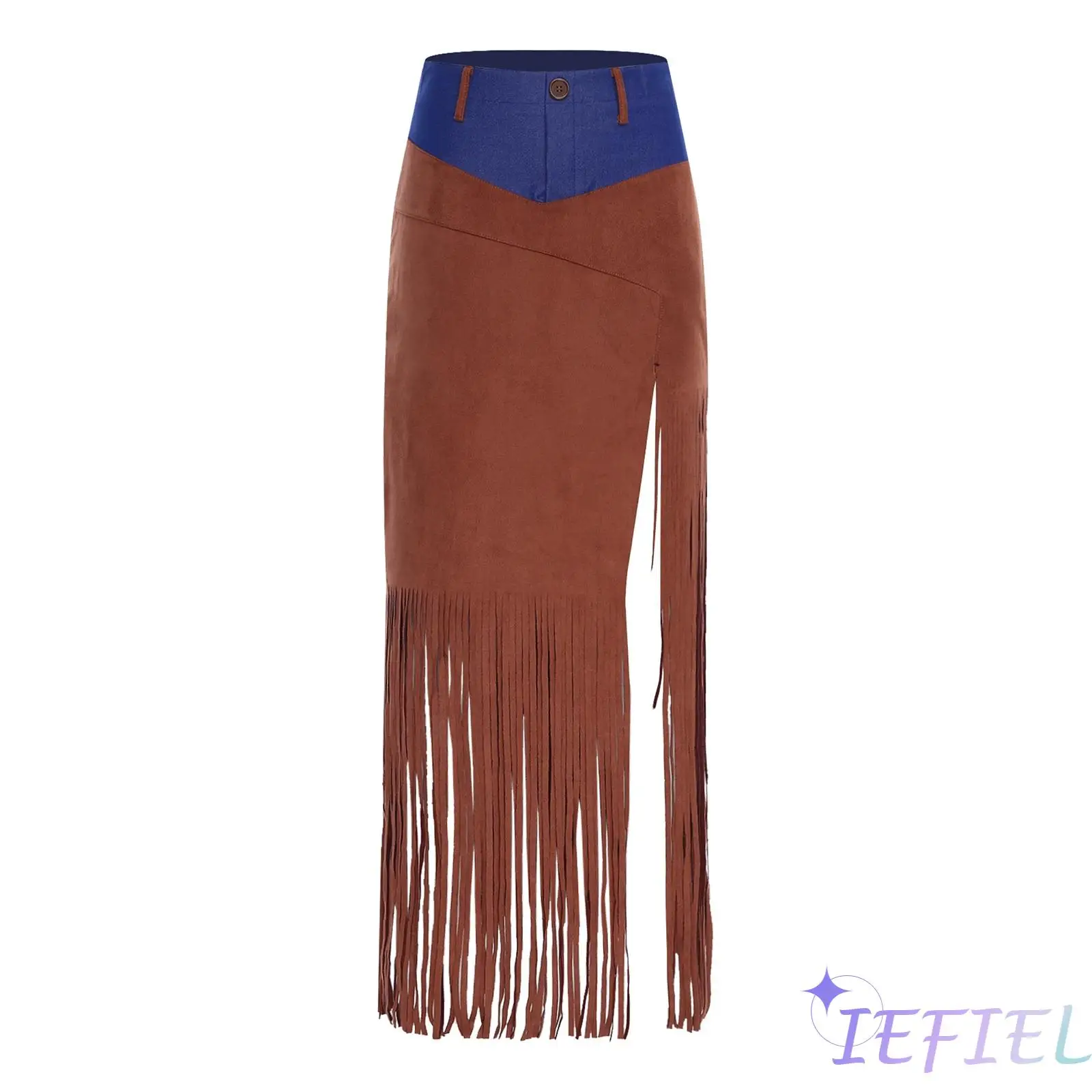 

Womens Edgy Cowgirl Midi Skirt with Denim And Faux Suede Patchwork Front Fringe Design Side Split Skirt for Jazz Music Festival