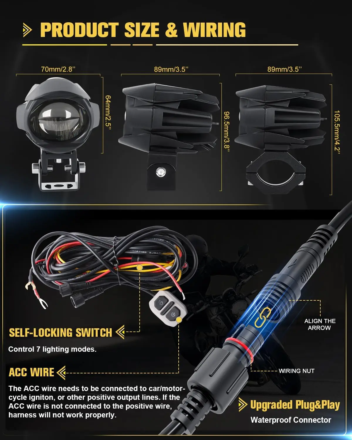 LED Motorcycle Fog Lights 60W 18000LM Driving Auxiliary Lights 7 Modes Amber White Light Combo with Waterproof Wire Harness Kit