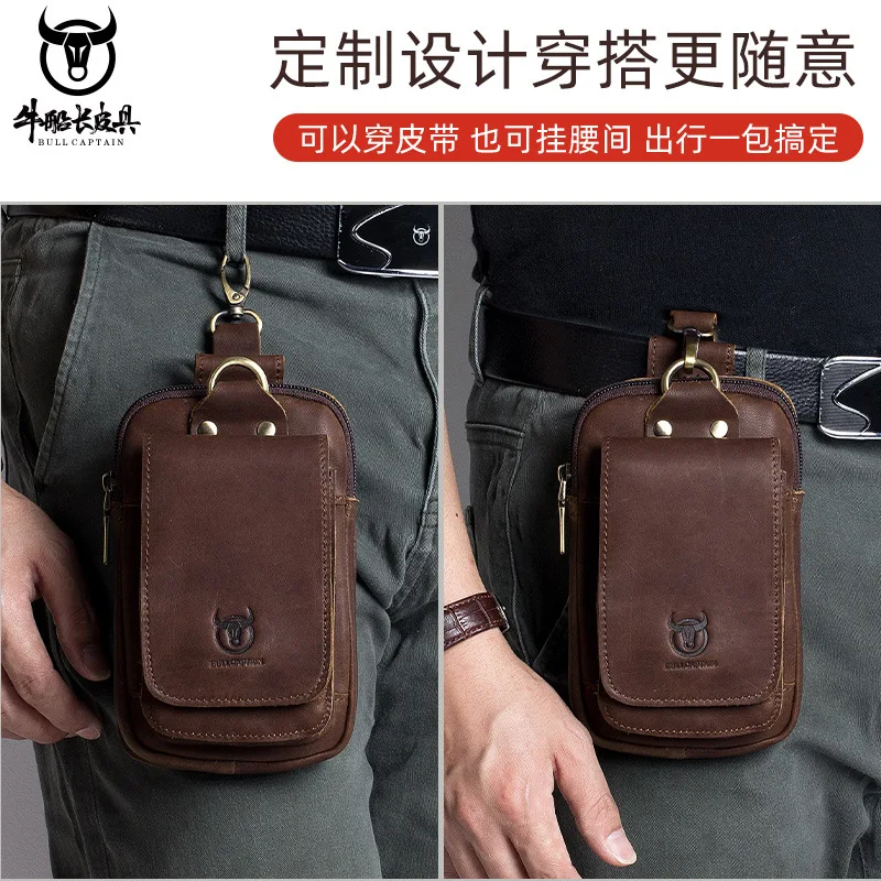 Retro Head Layer Cowide Leather Oil Wax Leather Wearing Belt 4.5-6.5 inch Mobile Multi functional Waist Bag with Buckle
