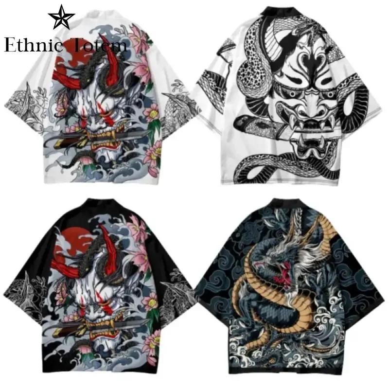 

Men Demon Snake Dragon Pattern Printed Kimono Cardigan Chinese Japanese Samurai Coat Cape Summer Cosplay Asian Traditional Cloak