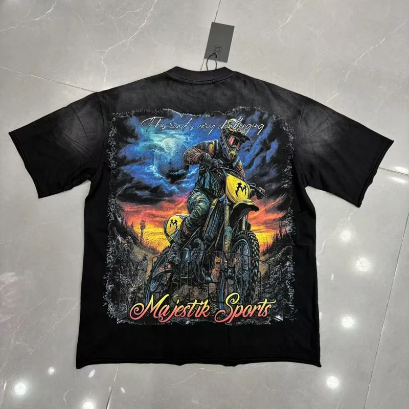 26SS New Majestik Short Sleeved T-Shirts Men Women Street Fashion Trend Stamped Diamonds Vintage Washed MAJESTIK Tops