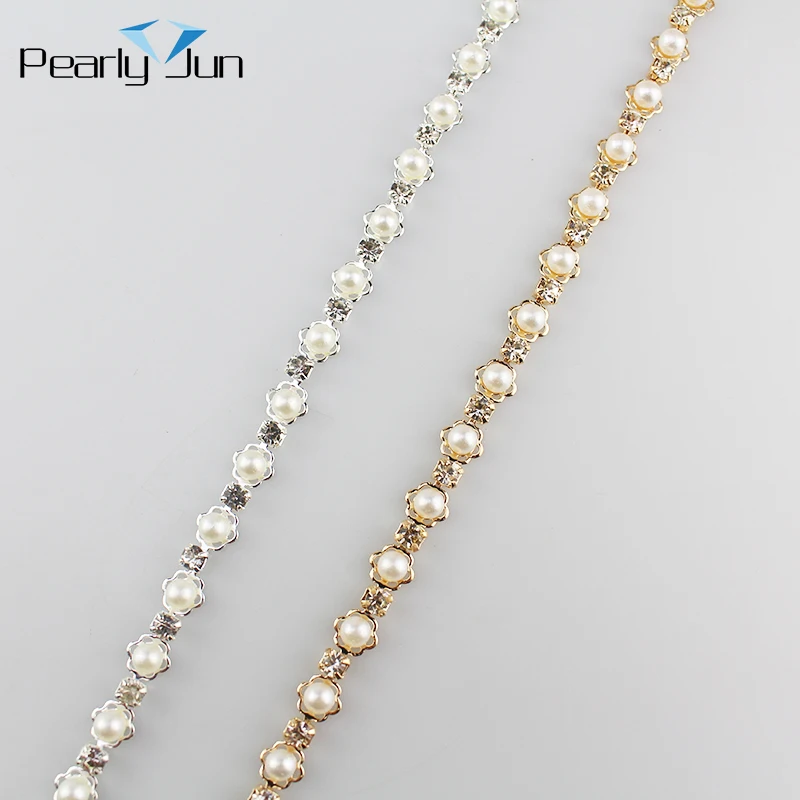 1/5 Yards Flower Torus Pearl Crystal Metal Chain DIY Sew Decoration Rhinestone Trim Sew on Clothing Bags Shose Accessories ML120