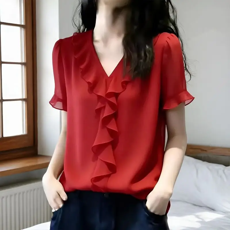 

Red Short Sleeve V-Neck Blouse Women's Summer New Style European Slimming Commute Top Trendy Flounce Hem Korean Loose Fit Shirt
