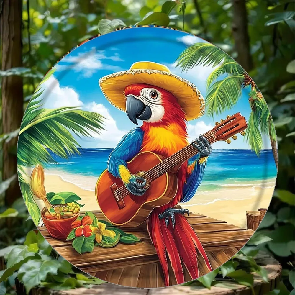 Rundes Blechschild mit Papageiengitarre und Strand, 20 cm große Wanddekoration im Retro-Stil