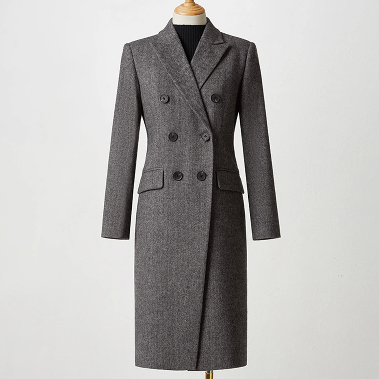 Długa szara marynarka damska Allingentle z ostrymi klapami, długi płaszcz do noszenia na co dzień i do biura, możliwość personalizacji.