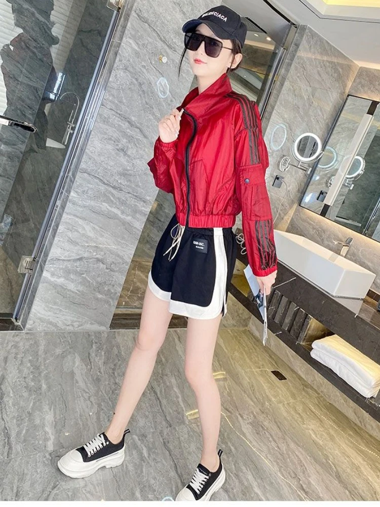 White Red Jackets Women Sweatshirt Long Sleeve Zipper Sun Protection Cropped Jackets Sportswear Korean Chic Coat Loose Harajuku