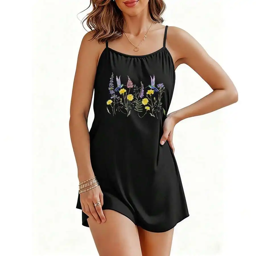

Womens Floral Hummingbird Print Sleeveless Nightgown Round Neck Loungewear