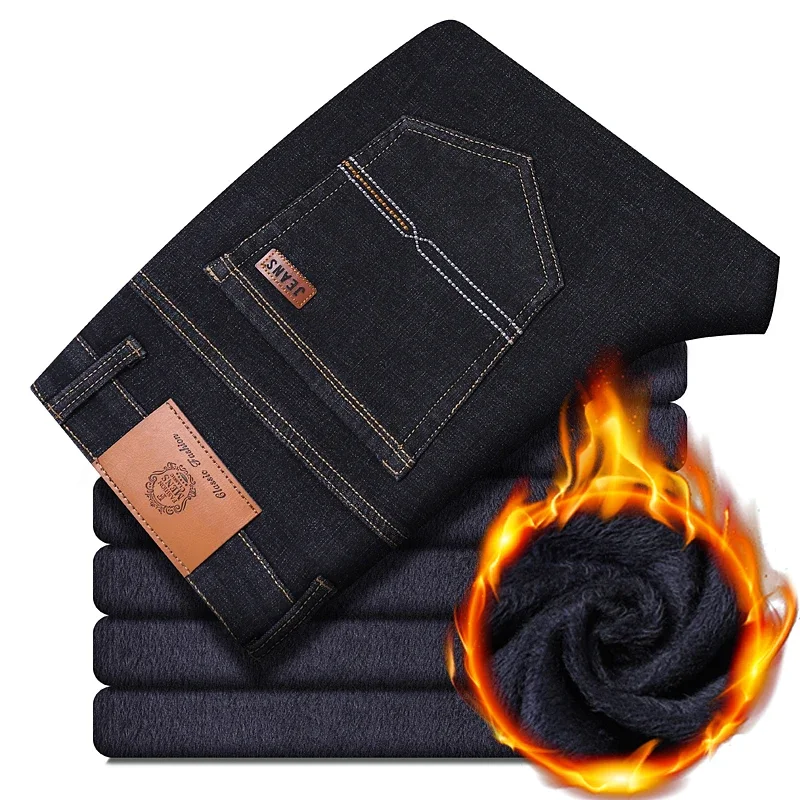 New Winter Men Fleece Warm Jeans Classic Style Business Casual Thicken Velvet Slim Denim Pants Brand Trousers Male Size 28-42
