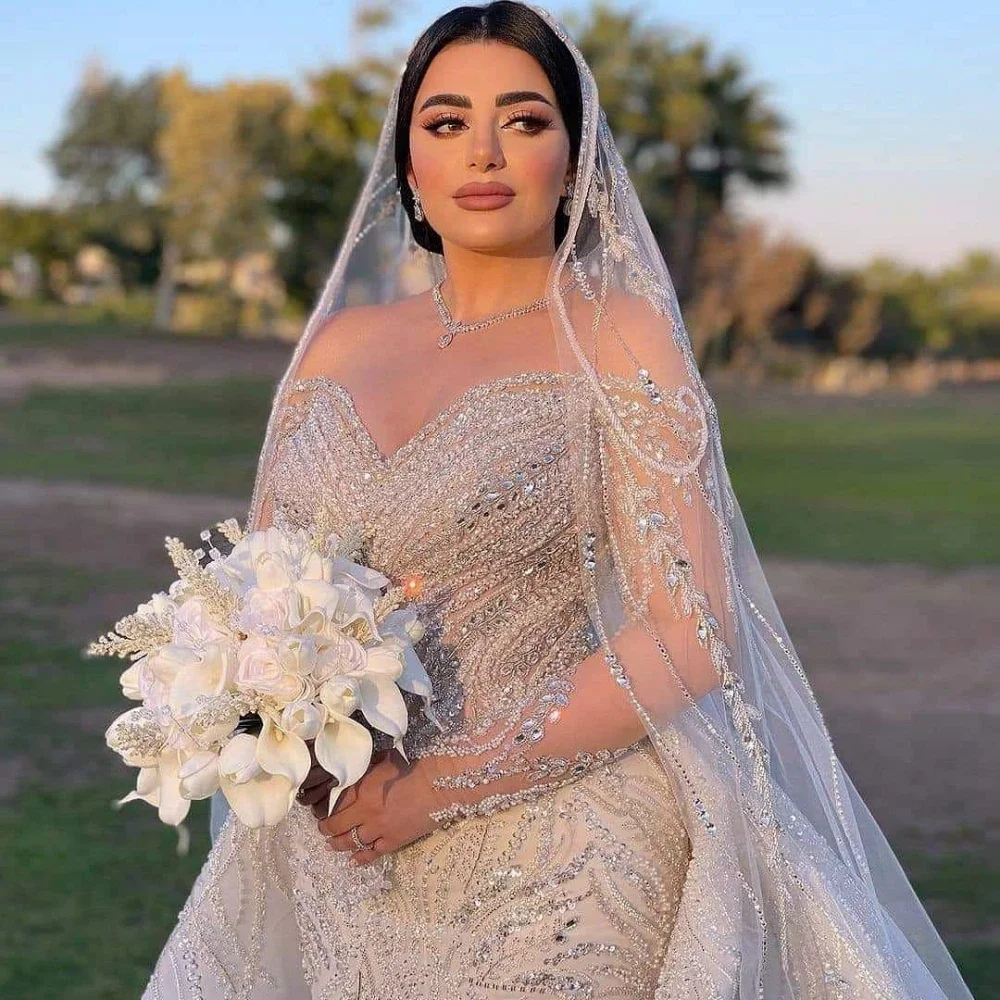 فستان زفاف حورية البحر فاخر برقبة على شكل قلب وأكمام طويلة فساتين زفاف ترتر دانتيل قابلة للانفصال حسب الطلب