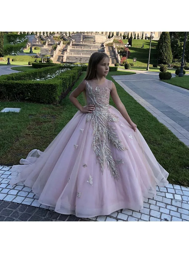 Abito da ragazza di fiori rosa chiaro per abito da sera con abito da ballo per feste di compleanno per bambini senza maniche in Tulle da sposa