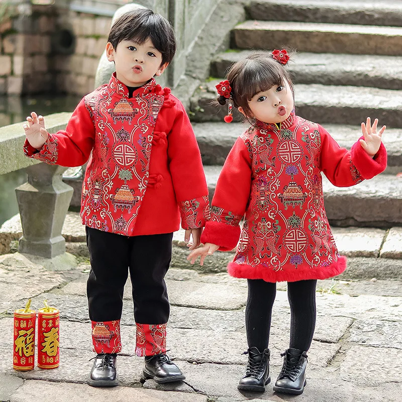

Boys And Girls' Chinese Style Tang Costume, Thickened Performance Clothes In Winter, Chinese New Year Clothes, Baby's First Year