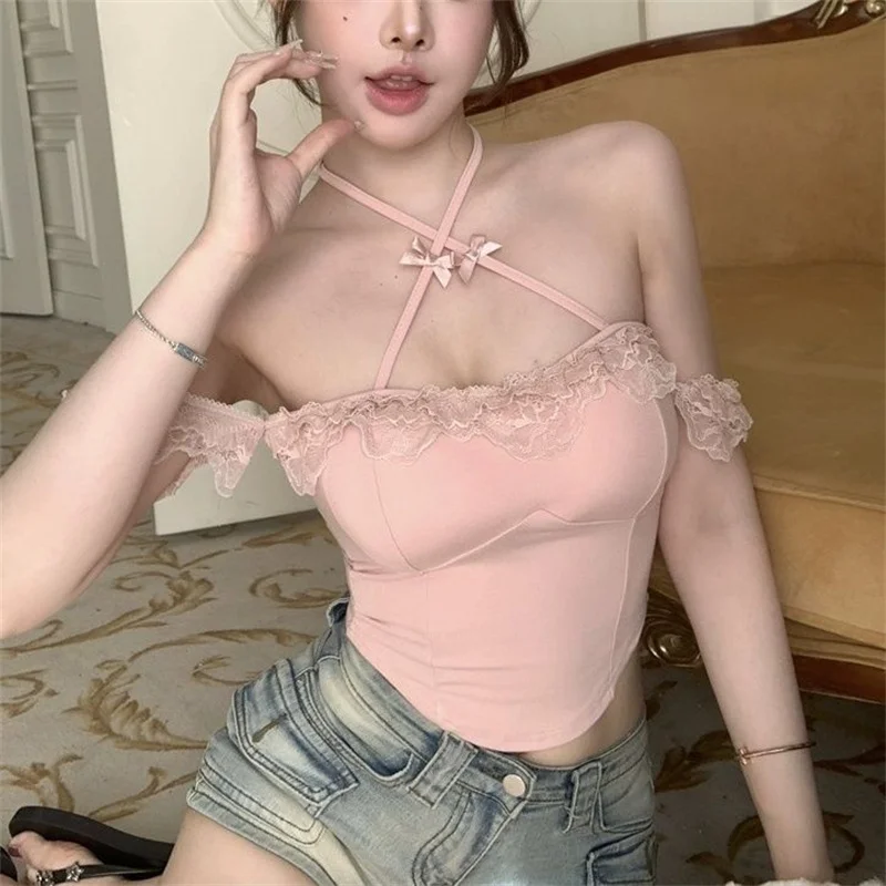 Sexy Slash Neck Sleeveless Chest Padded Crop Top T-Shirt Women's Summer Sweet Backless Halter Top Elegant Off Shoulder Cute Tees