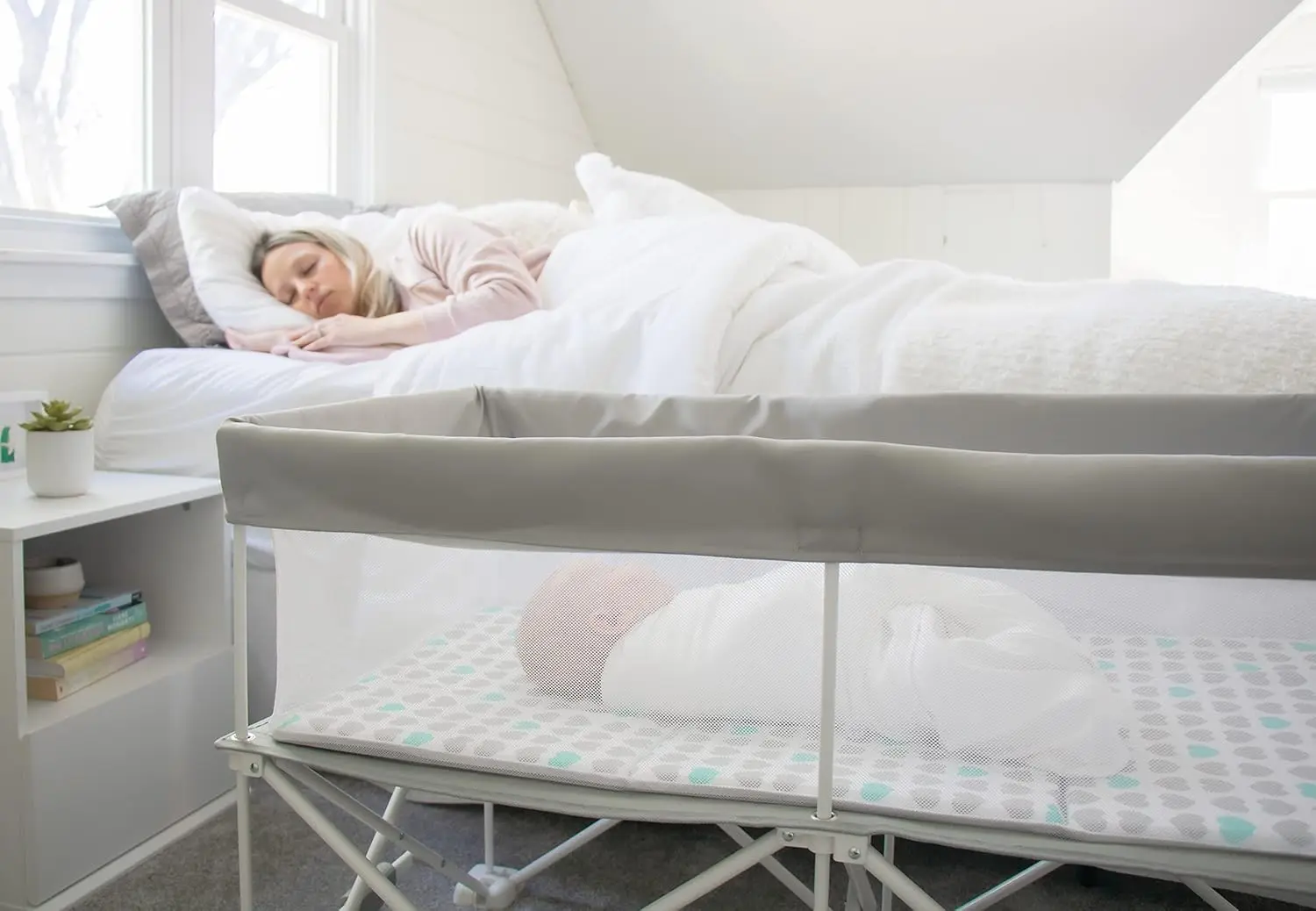 Portable Infant Bassinet with Padded Insert, Travel Bag, Safety Lock, Grey - Compact & Breathable Design