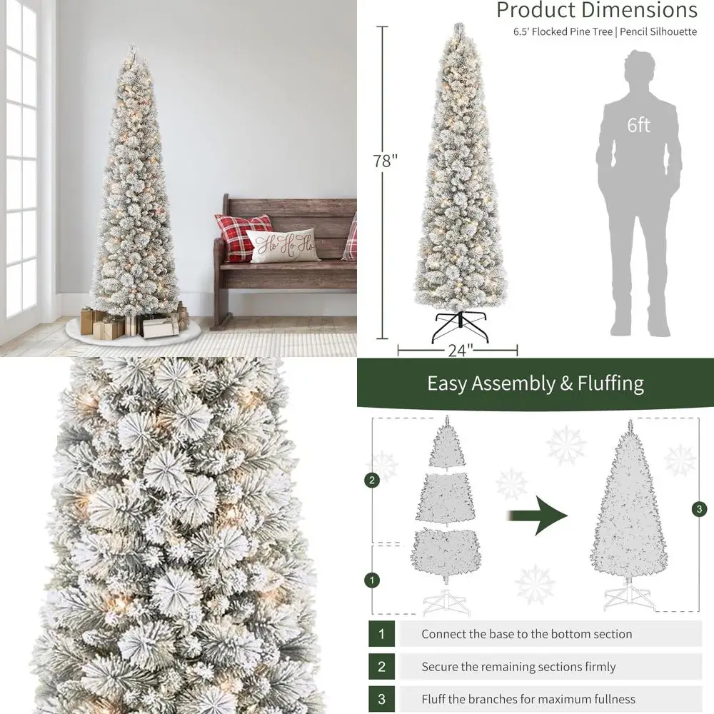

300-Light Pre-Lit Flocked Pine Christmas Tree, 6.5ft Tall, 410 Snow-Flocked Branch Tips, Easy Assembly with Metal Stand