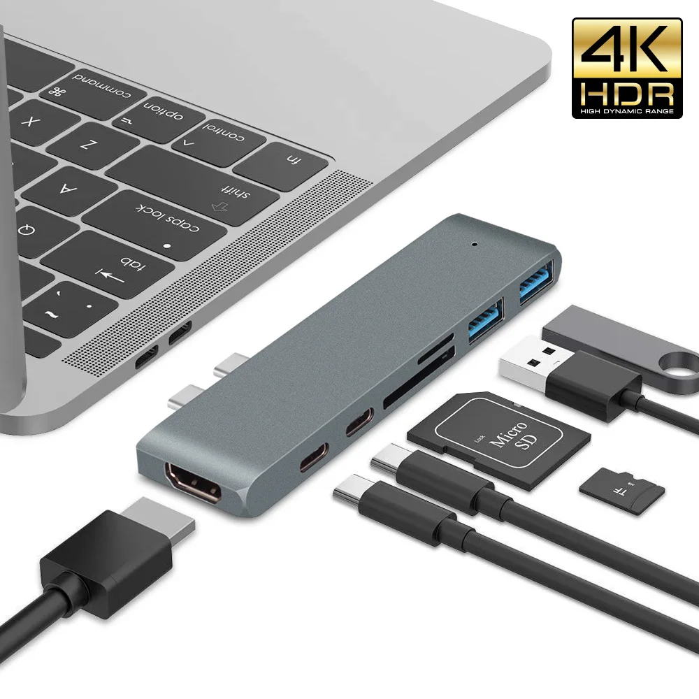 USB C Hub, USB-C Duo 7-in-2 for MacBook Pro Air, Magnetic Grip HDMI-compatible 4K60Hz HDR 100W PD 40Gbps USB 3.1 Micro SD