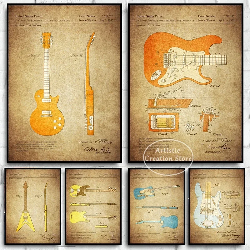 Music Guitar Patent Colourised Fender Precision Poster Canvas Painting Prints Guitar Art Picture Bedroom Studio Room Decor Gifts