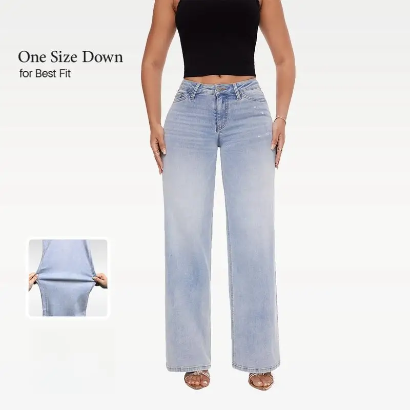 Women's mid Low Rise Stretchy Wide Leg Baggy Jeans Fashionable Casual Summer Pants High Waist Slim Fit Trousers
