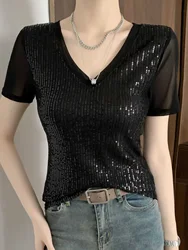 Summer 2024 Women's Slim Fit Short Sleeve T-Shirt V-Neck Glitter Mesh Patchwork Heavy Embroidery Black Top Korean Style Commute