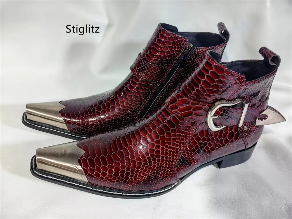 Burgundy Snake Pattern Chelsea Boots for Men Pointed Toe Patent Leather Belt Buckle Wedding Shoes Bridegroom Ankle Boots