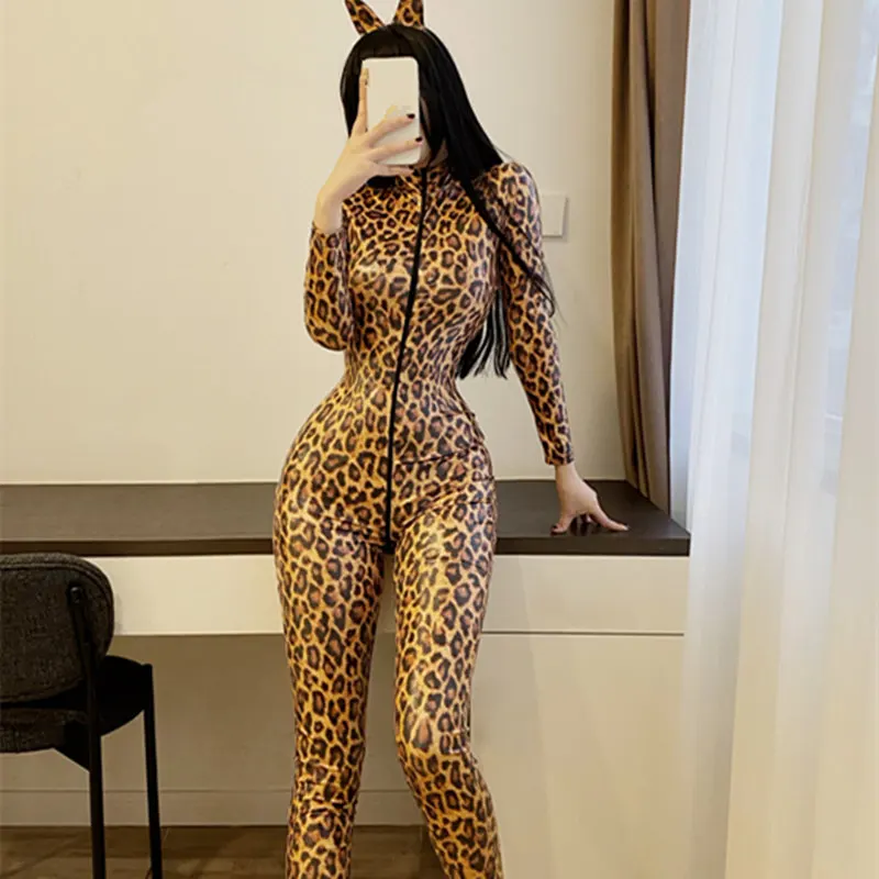 Anime Cosplay Women Costumes Leopard Girl Sexy Lingerie Oily Skinny Zipper Tight Mirror PU Leather Suit Socks Headwear Halloween