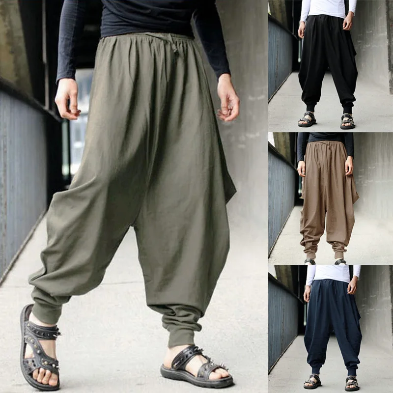 

Men's Harem Pants Loose Baggy Trouser Cotton Linen Gypsy Pants mid Waist Special Wide Leg Long Casual Trousers for Men