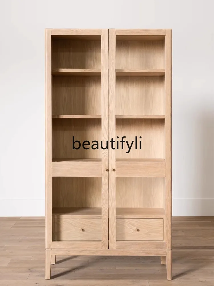 

French Style Solid Wood Vintage Glass Door Bookcase Sideboard American Style Oak Wood Color Display Cabinet