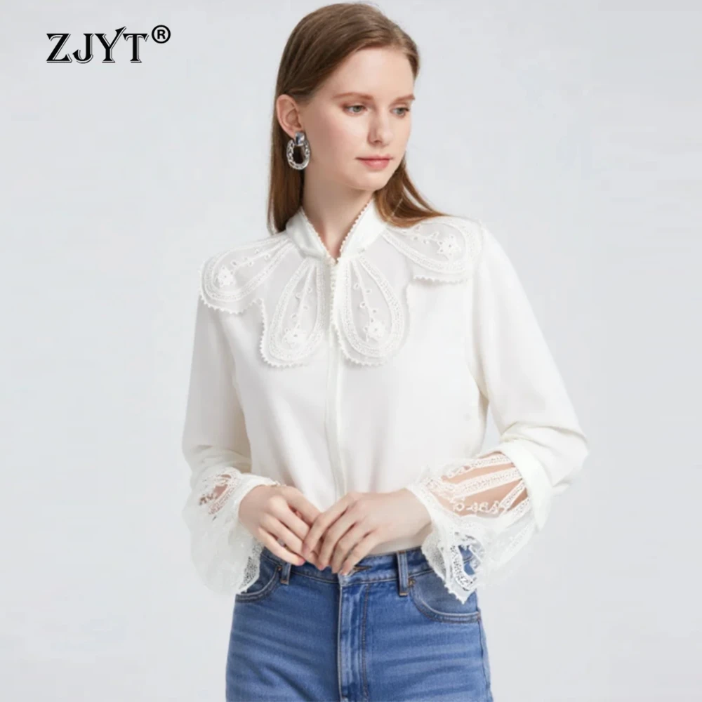 

Блузки ZJYT из 100% хлопка, белые, для женщин, весна 2026, новая модная повседневная рубашка с расклешенными рукавами, ажурная вышивка, женские топы, весна