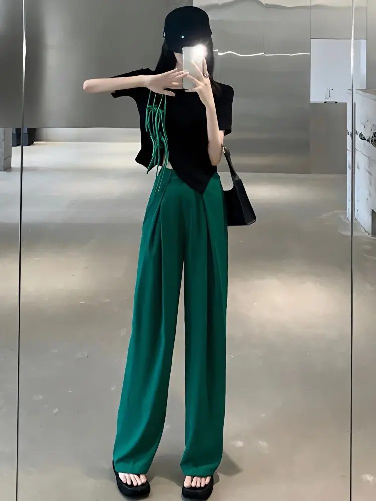 2024 Spring/Summer New Color Contrasting Instagram Short Top Women's High Waist Drop Wide Leg Pants Two Piece Set