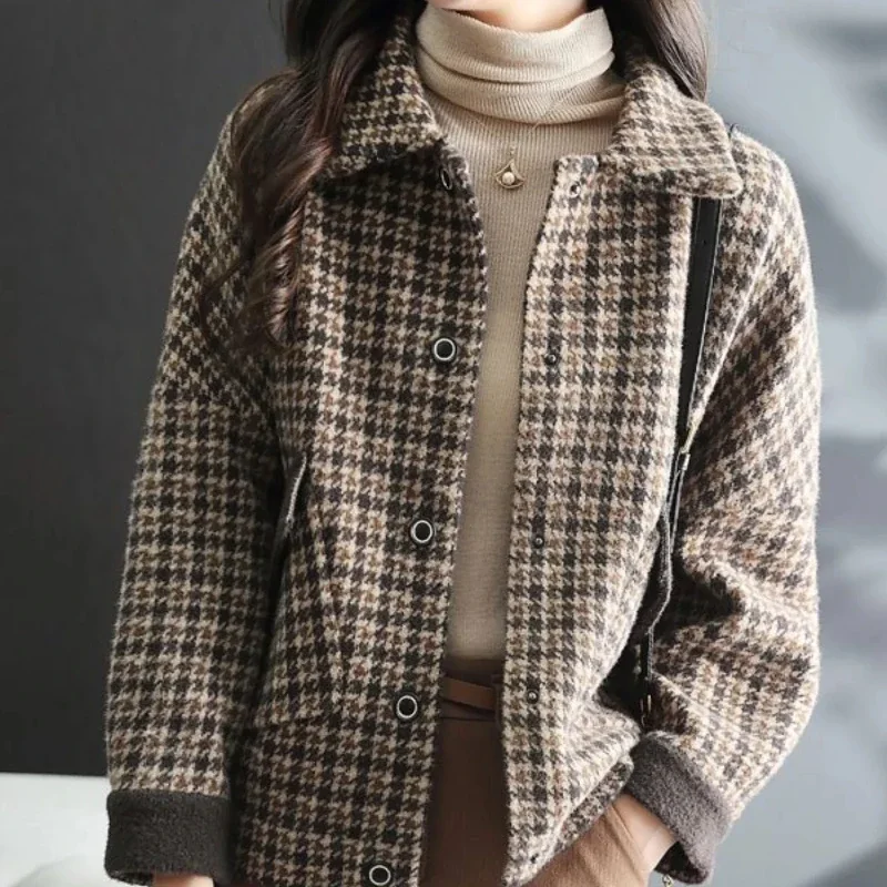 Printing Wool Blend Coat for Women Loose Houndstooth Mixtures Jacket Woman Elegant Novelty on Sale Medium Korean Style Clothing