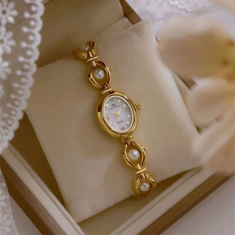Elegant Classic Women's Watches High End Temperament Exquisite Gold Pearl Bracelet White Oval Dial Quartz Wristwatch Clock Gift