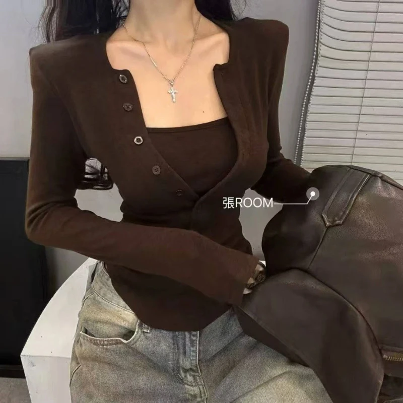 

Women Clothing High Street Slim Solid Long Sleeve Tops Two-Piece Youth Simplicity Korean T Shirts Trend Fashion Spring Autumn