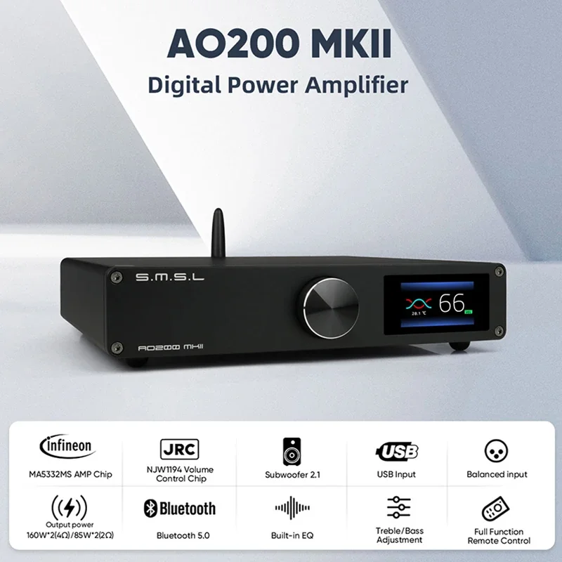 

SMSL AO200 MKII HIFI AMP Bluetooth 5.0 Audio Sound Amplifier DAC AMP Remote Control MA5332 Chip XLR/RCA/BT/USB Balanced Input