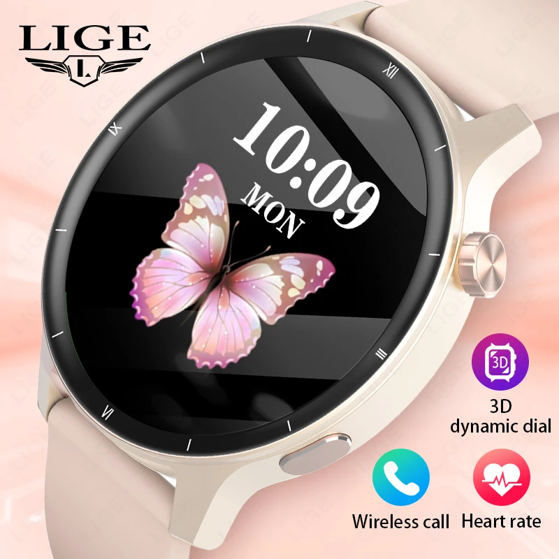 LIGE jam tangan pintar Dial dinamis 3D Fashion, jam tangan pintar wanita panggilan Bluetooth Monitor kesehatan layar 1.39 HD musik kebugaran