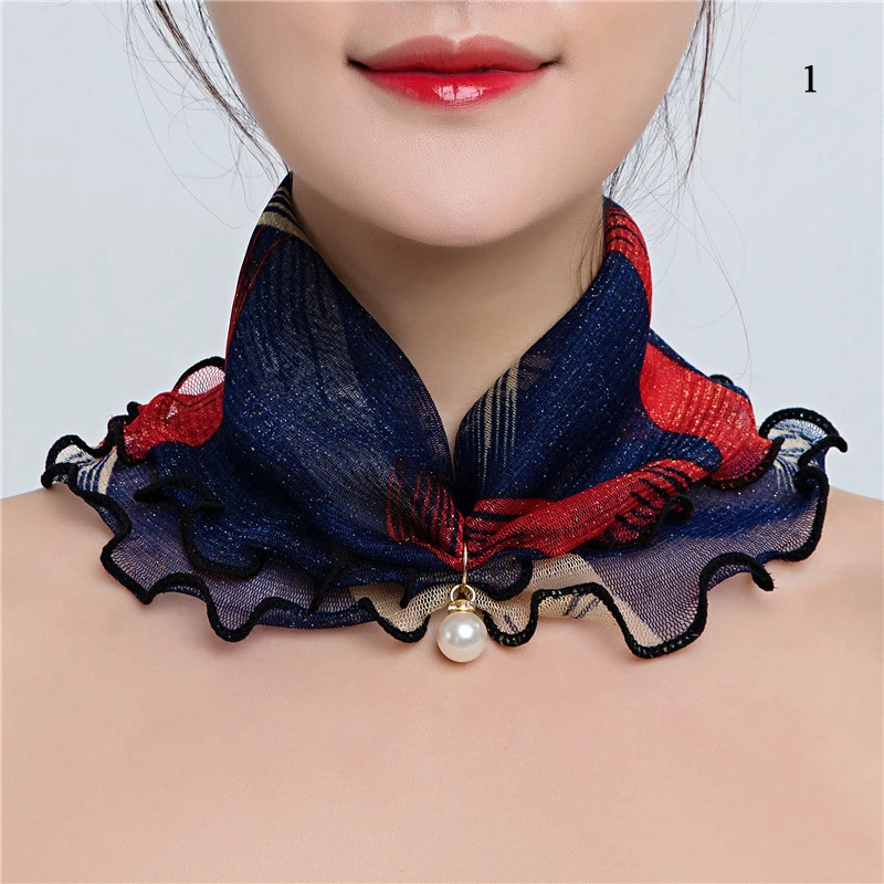 Bufanda de gasa de Organza con estampado brillante para el cuello, pañuelo de encaje con volantes, colgante de perlas, diadema, nueva moda