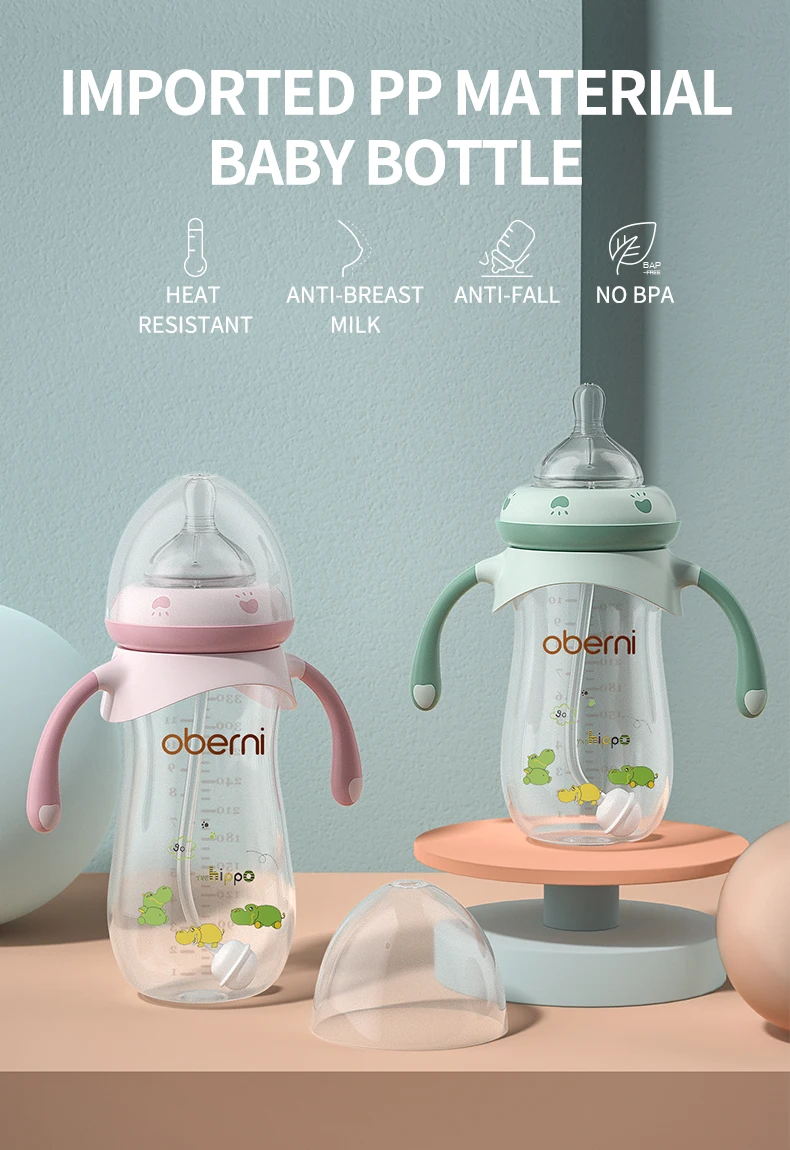 Oberni baby milk bottle silicone nipple breast-like feeding bottle Anti Colic with straw handle bottles for babies boy and girl