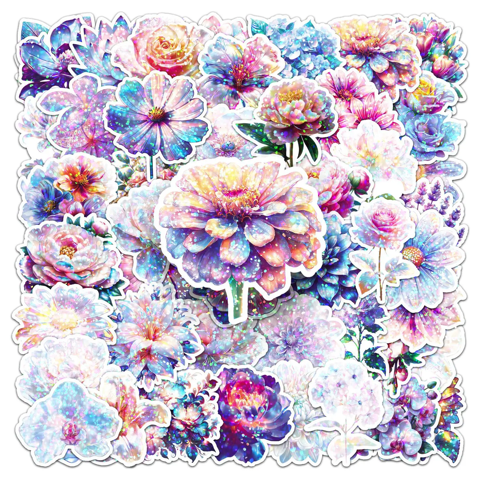 สติกเกอร์ลายดอกไม้หลากสี 10/30/50 ชิ้น ฟิล์มเลเซอร์ลายพืช สำหรับตกแต่ง DIY กันน้ำ ใช้ได้กับสเก็ตบอร์ด สมุดโน้ต ของเล่นลายกราฟฟิตี้