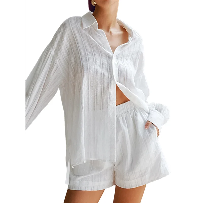 CYL-2 Piece Sets For Women Summer Oversized White Shirt And Shorts Sets For Women 2 Piece Outfits Vacation Sets