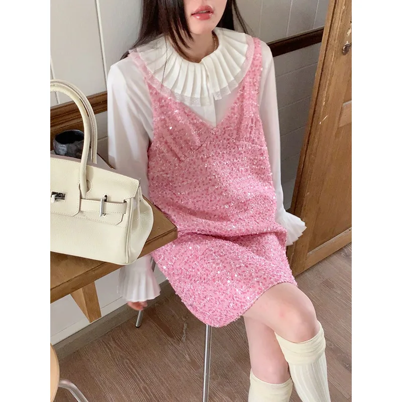 

Pink New Tweed Fashion Sling Dress Female Sweet Simple Basic Korea Chic French Small Fragrant Sequined Women Sleeveless Dress