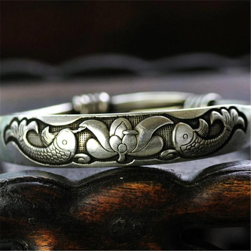 Tibetan Lucky Lotus and Fishes Adjustable Bangle Traditional Miao Ethnic Jewelry BB-268