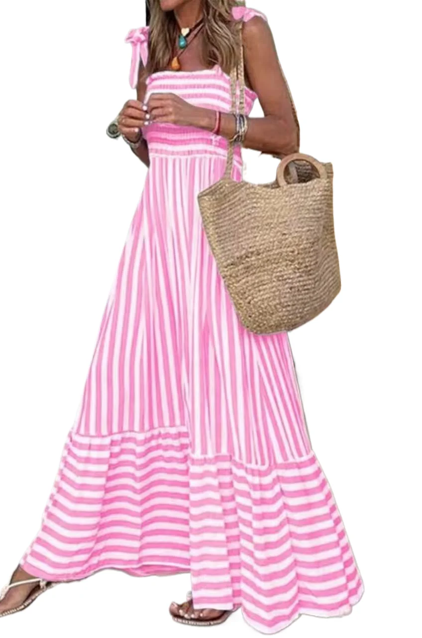 

Women's Casual Simple Stripe Print Spaghetti Strap Long Dresses Bowknot Leace-up Fashion All-match Commuting Vacation Vestidos
