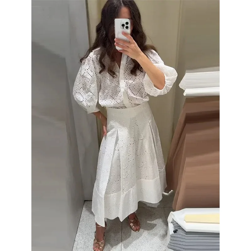 

JINIA White Shirt & Skirt Set Women Embroidery Patchwork Top & Pleated Skirt SS25 Summer Office to Dinner Outfit