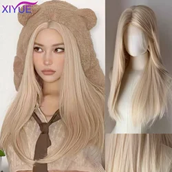 XIYUE Blonde Platinum Golden Synthetic Wigs Lace Frontal Wig With Bang Long Natural Straight Hair Wig for Women Hime Cut Cosplay