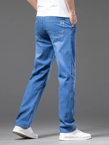 Imagen 2 del producto Pantalones vaqueros de talla grande 28-42 para hombre, pantalones vaqueros rectos elásticos clásicos finos de negocios para primavera y verano, pantalones sueltos informales de marca para hombre