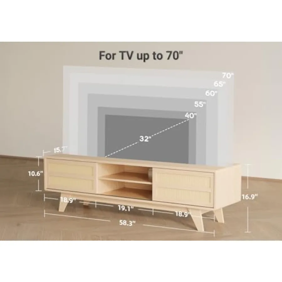 حامل تلفزيون بوهو لوحدة تحكم تلفزيون حديثة 70 بوصة مع 2 خزائن تخزين من الخيزران رف قابل للتعديل حامل تلفاز منسوج لغرفة المعيشة #2