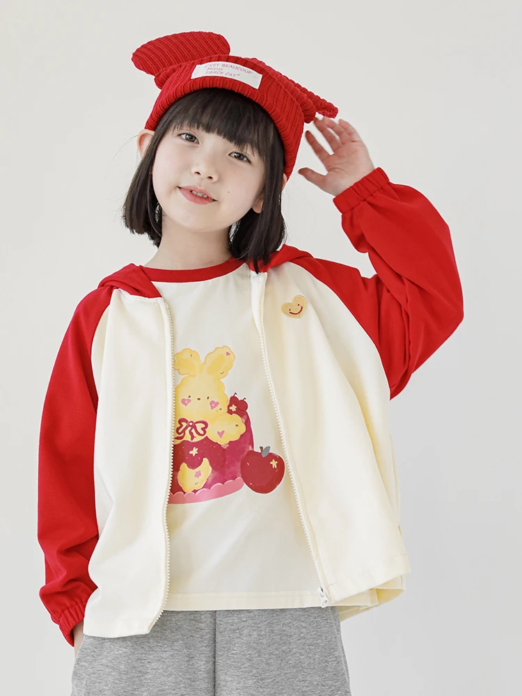 2023 Spring New Girls' Love Embroidery Logo Zipper Contrast Hooded Sweater Children's Casual Cartoon Rabbit Top 4-12y