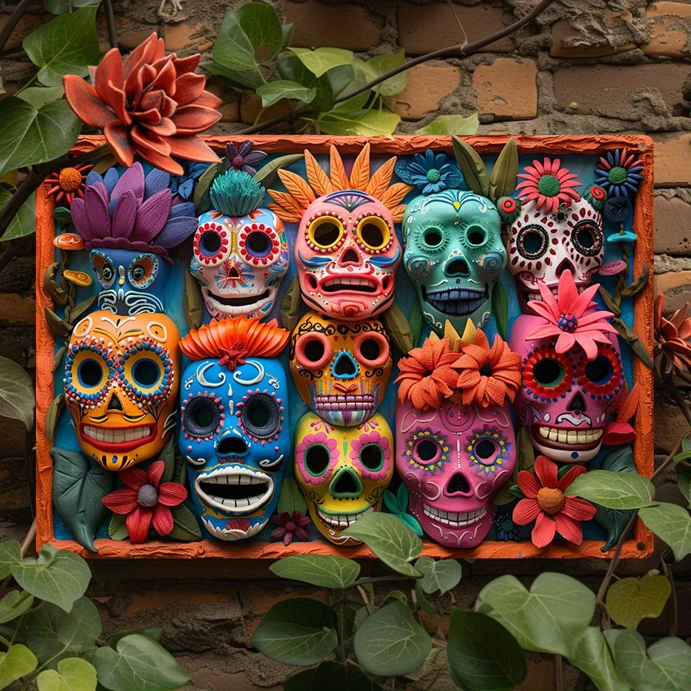 

Mexican Day of The Dead Sugar Skull Masks Wall Art Decor - Vintage Sign for Gym, Kitchen, Classroom - Unique Birthday Gift Idea