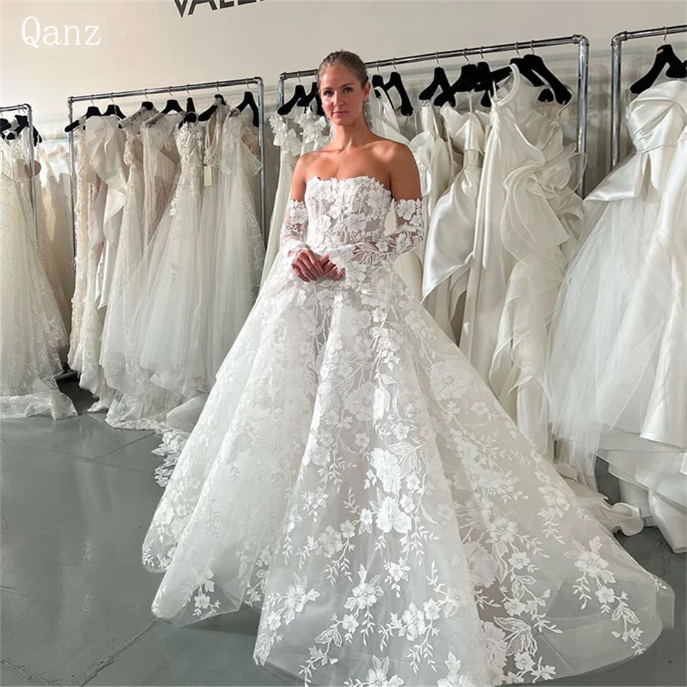 

Qanz Luxury Appliques Lace Ball Gown Strapless Long Sleeves Flowers Wedding Dresses for Woman Vestidos En Oferta Liquidación